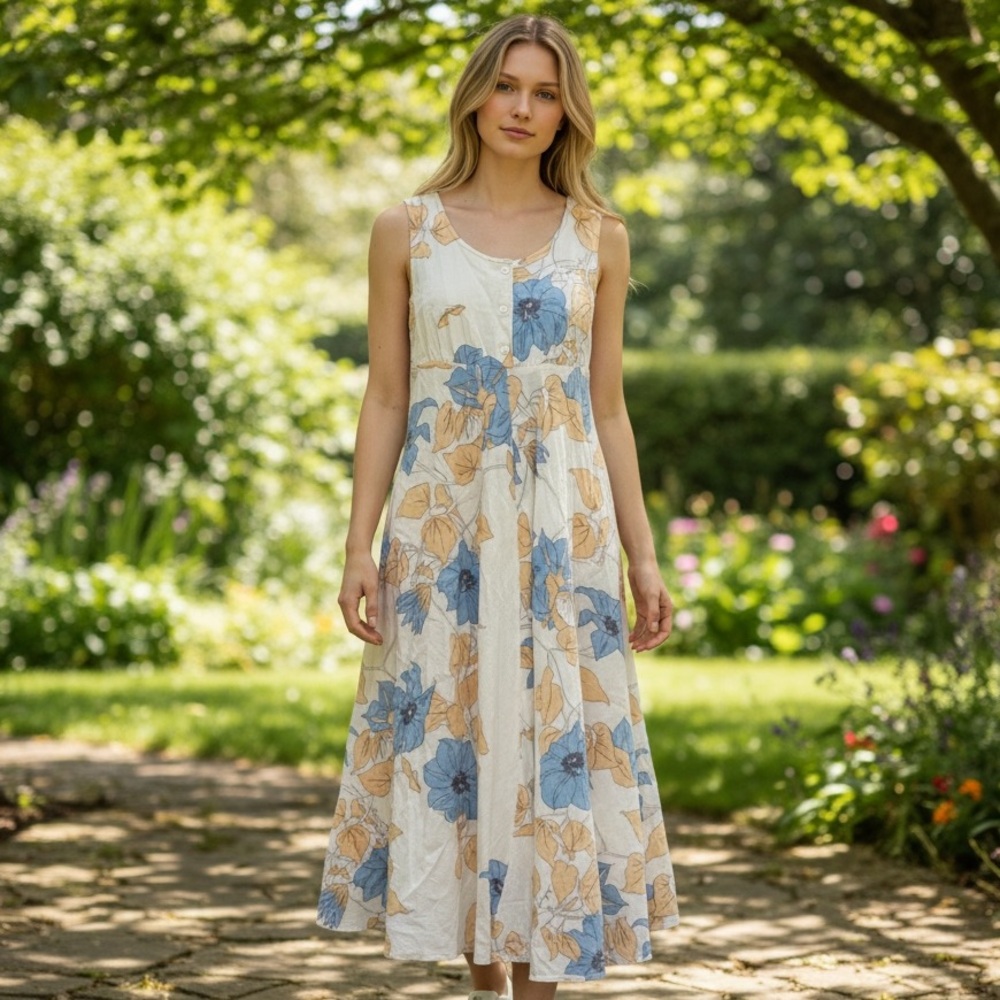 Vintage Cacharel Paris Cotton Floral Midi Dress